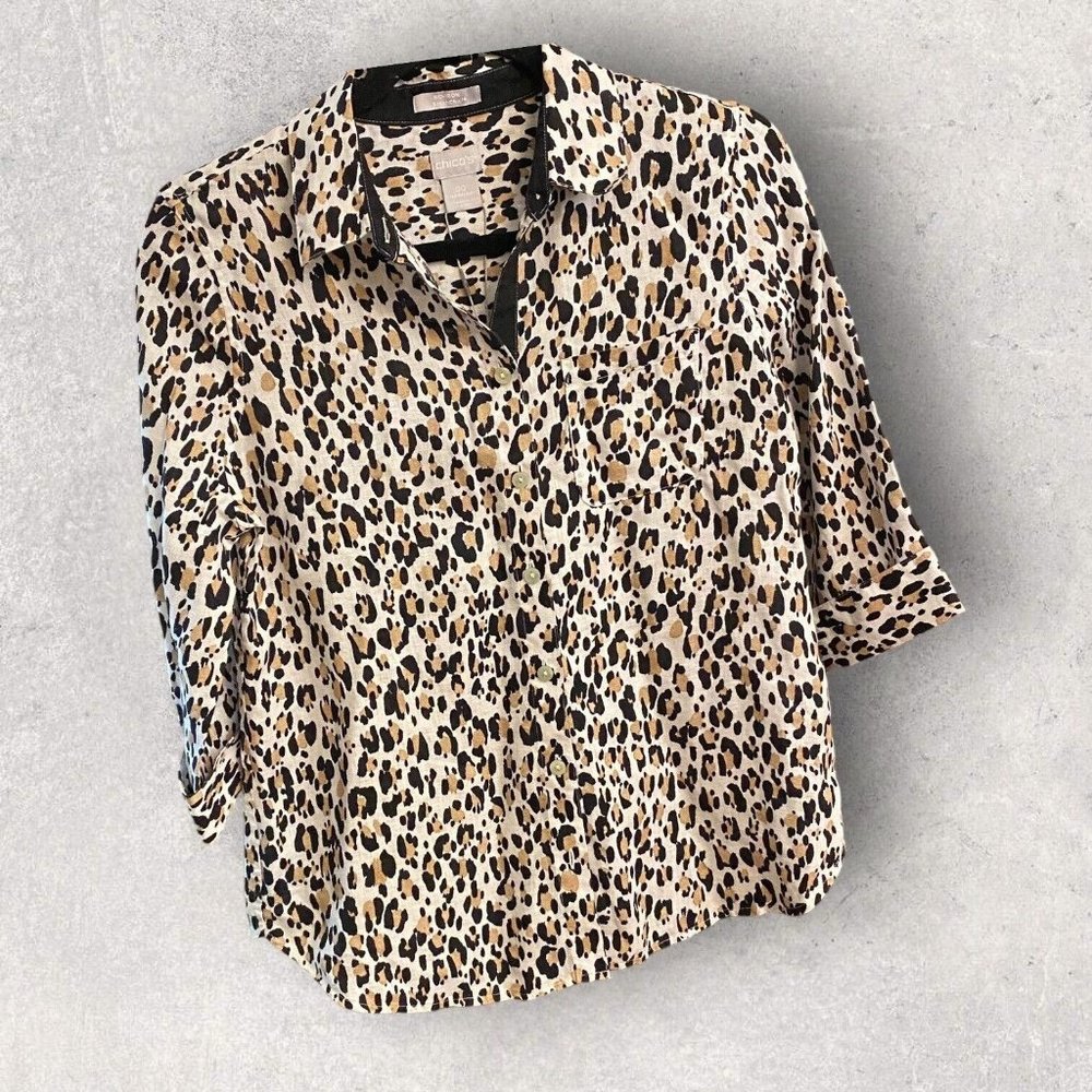 Chico’s Leopard Shirt Size 00 Wrinkle-Free Linen New / ASAV